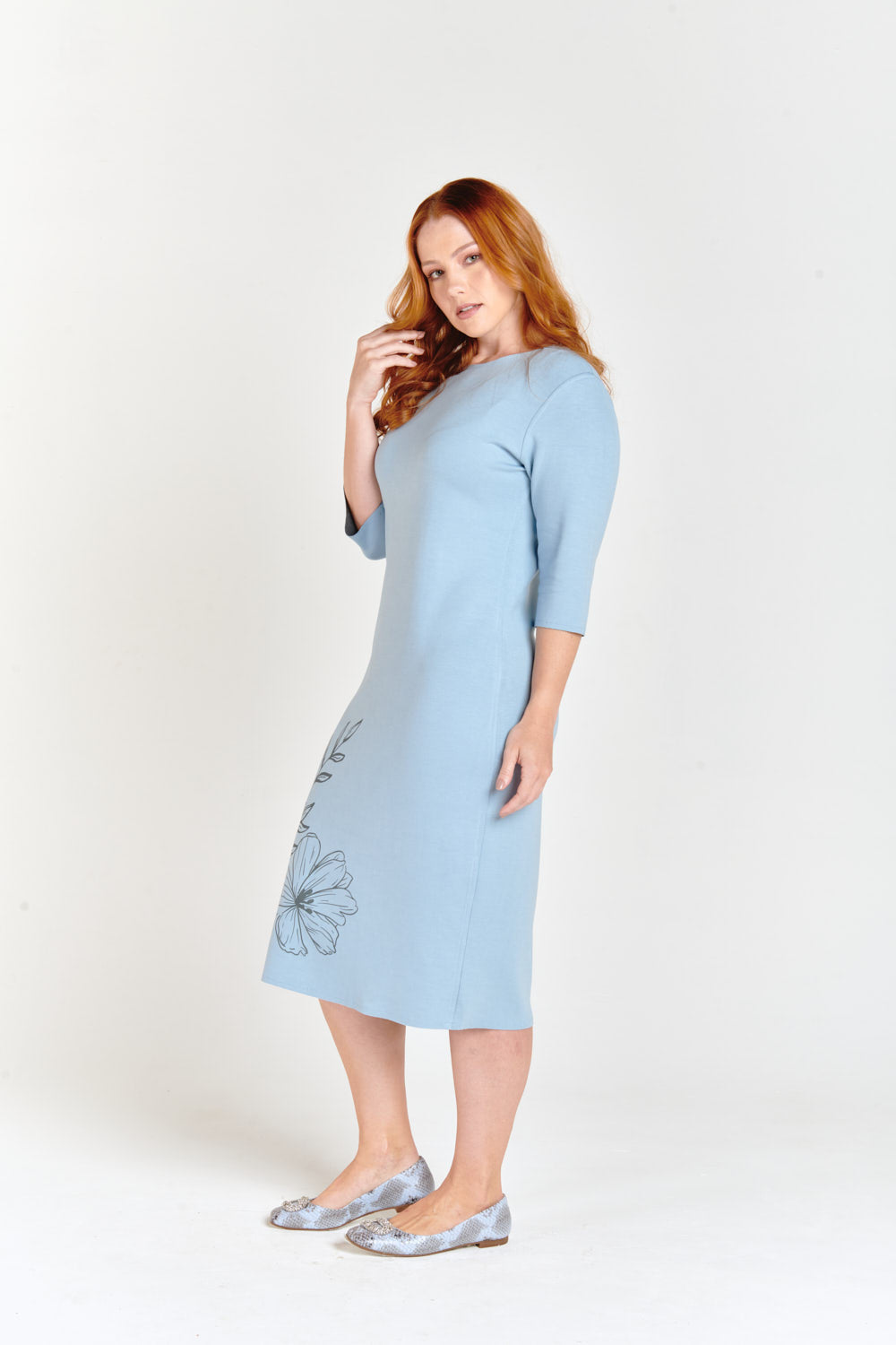 Light Blue & Gray Reversible Side Flower Midi Dress