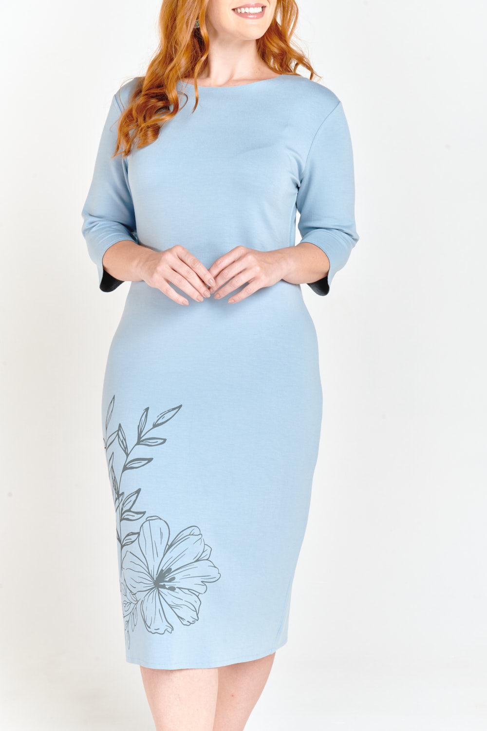 Light Blue & Gray Reversible Side Flower Midi Dress