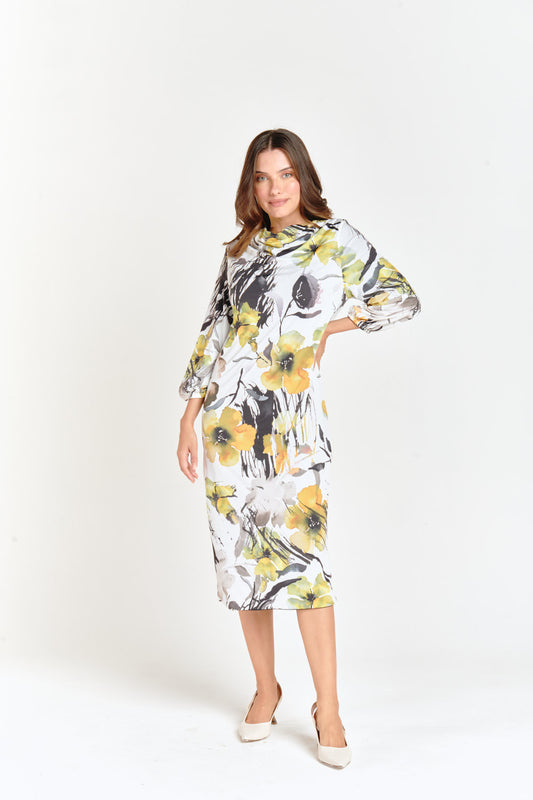 Yellow Floral & Black Reversible Waterfall Dress