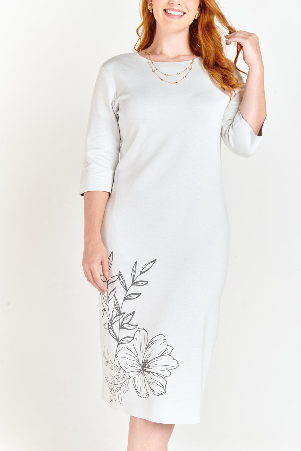 White & Gray Reversible Side Flower Midi Dress