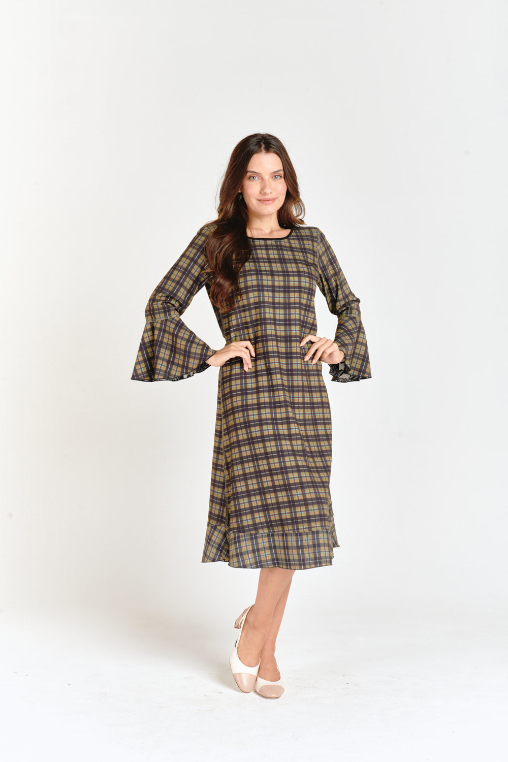 Reversible Bell Sleeve Dress Olive Checkered & Flower