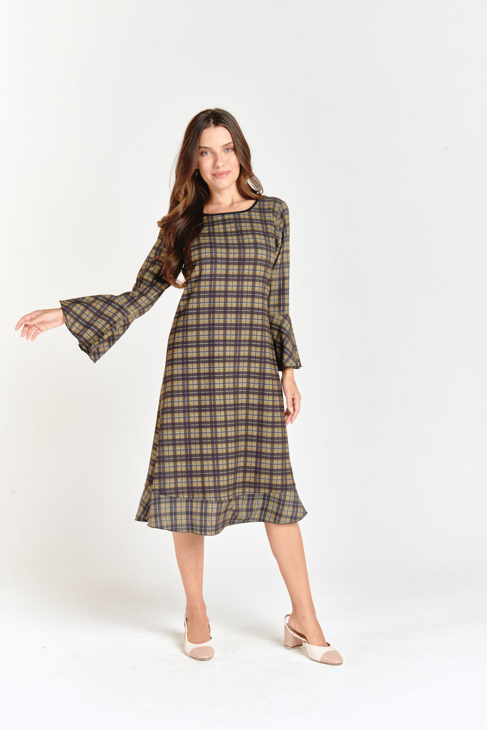 Reversible Bell Sleeve Dress Olive Checkered & Flower