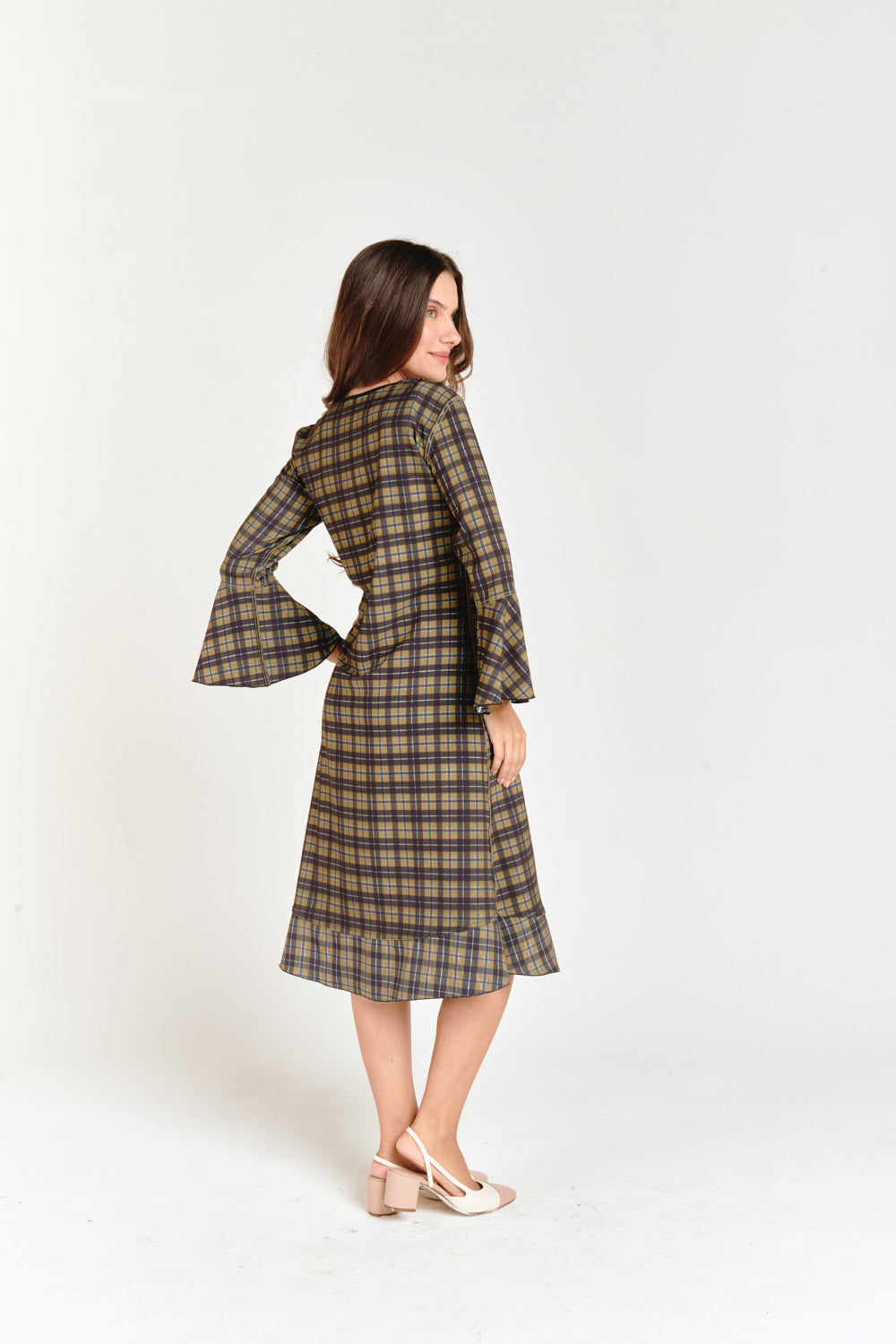 Reversible Bell Sleeve Dress Olive Checkered & Flower