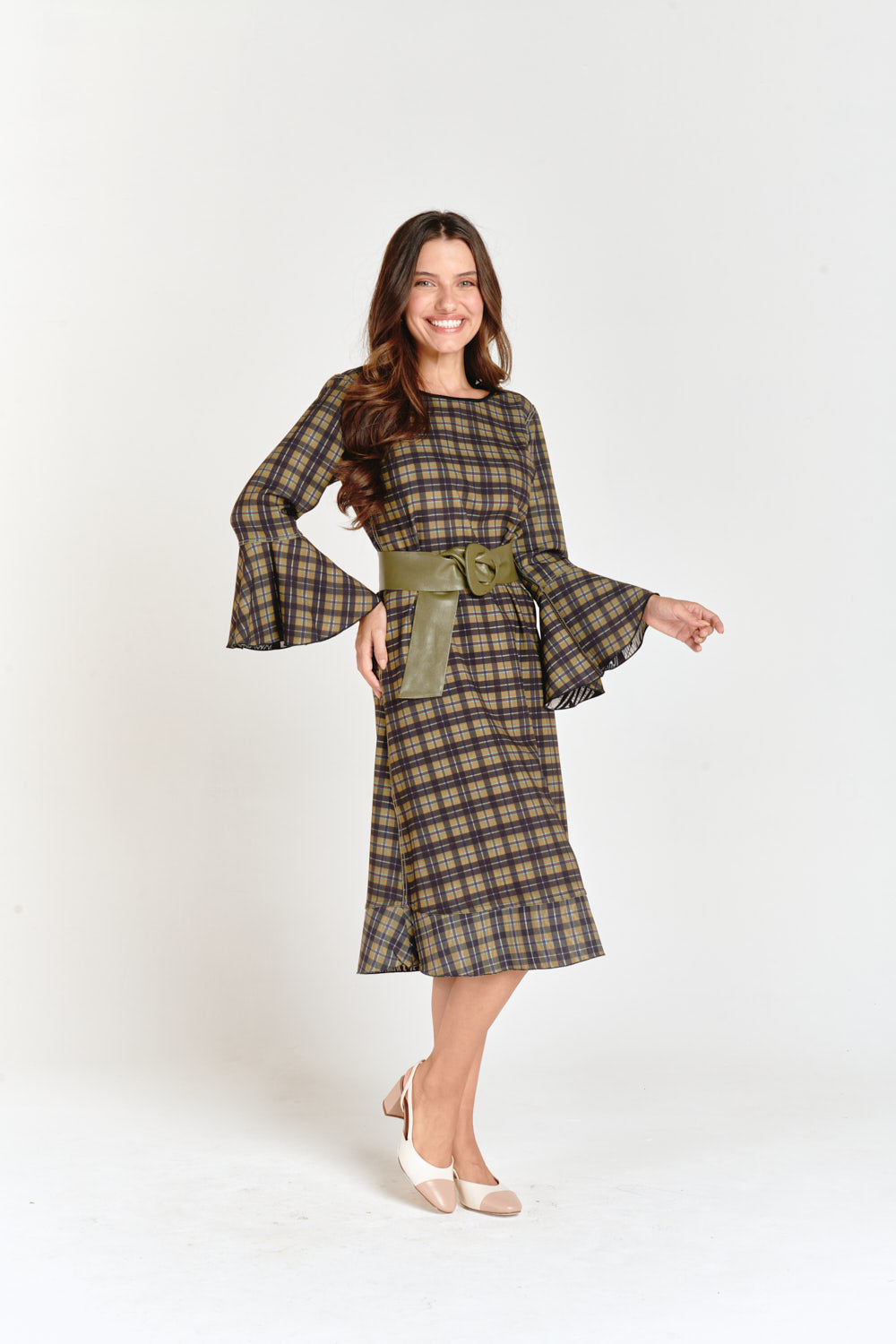 Reversible Bell Sleeve Dress Olive Checkered & Flower