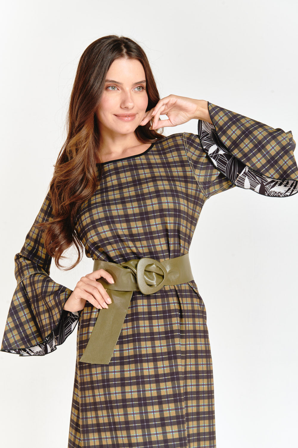 Reversible Bell Sleeve Dress Olive Checkered & Flower