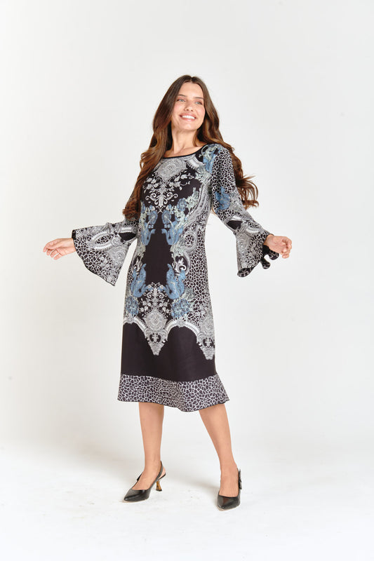 Reversible Bell Sleeve Dress Geometric & Abstract Flower