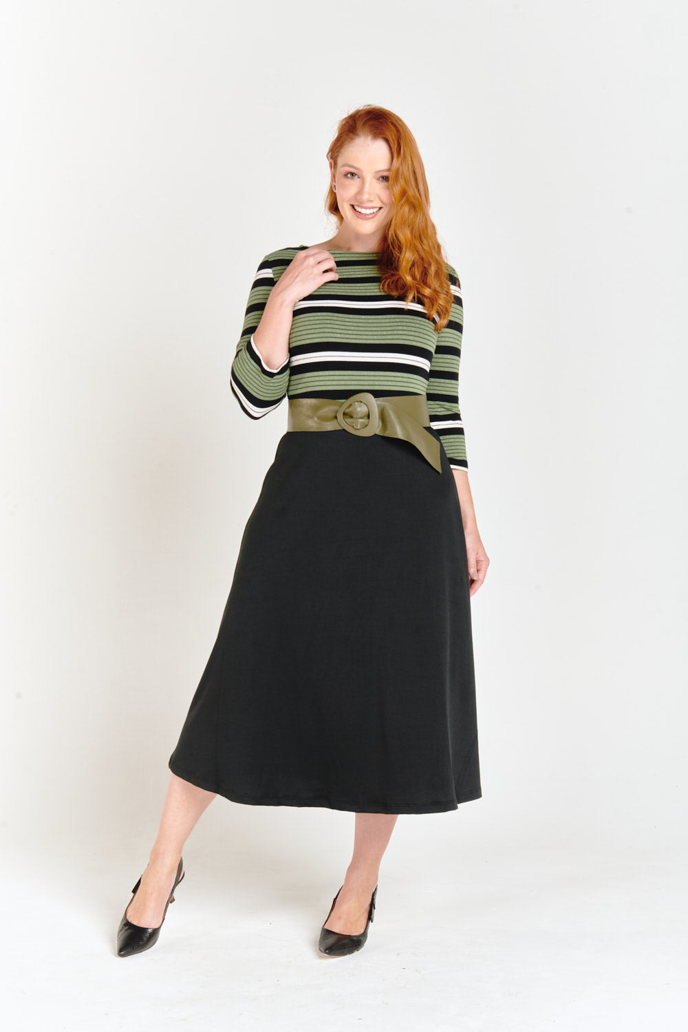 Green Stripes Godet Dress