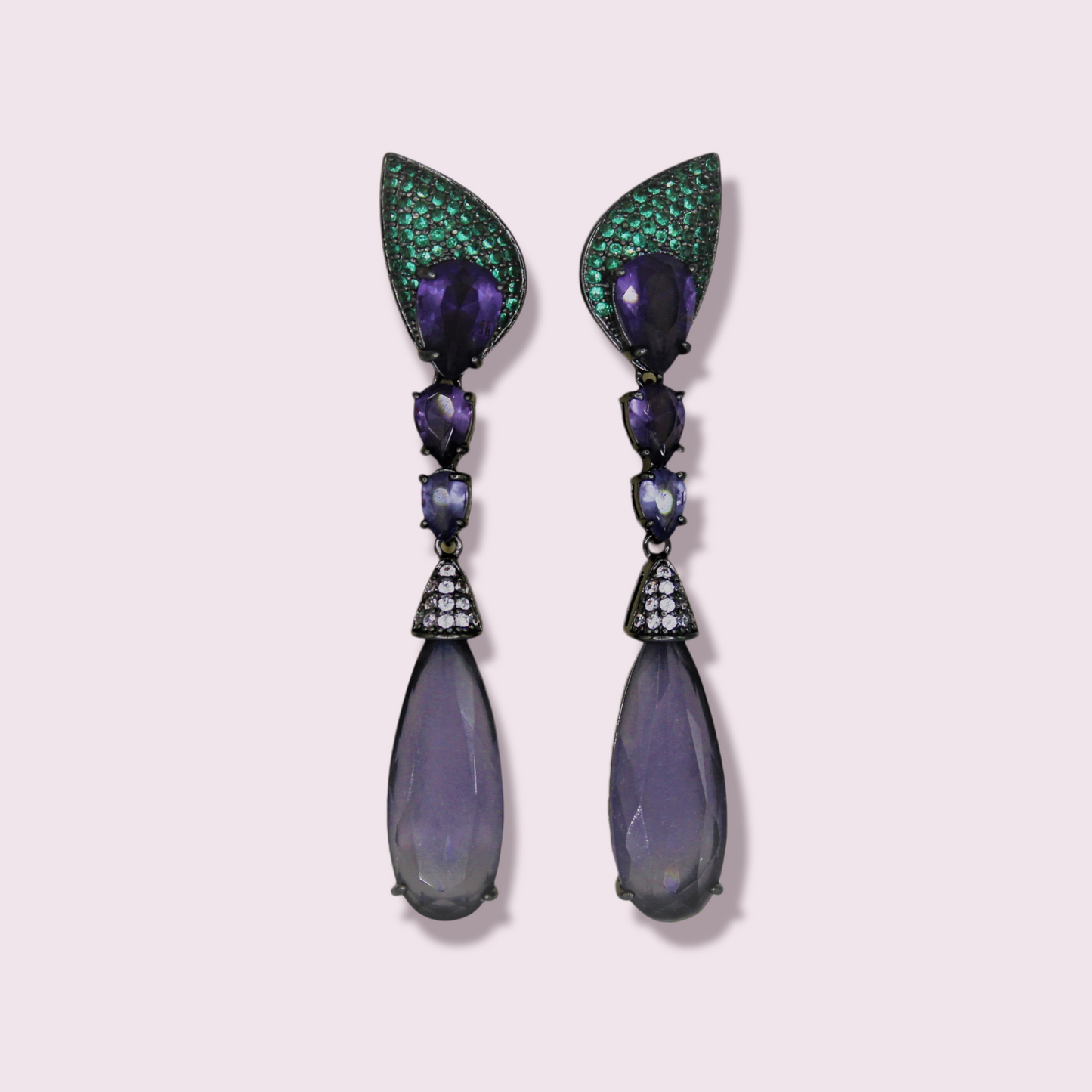 Long Green & Purple Zirconia Earrings