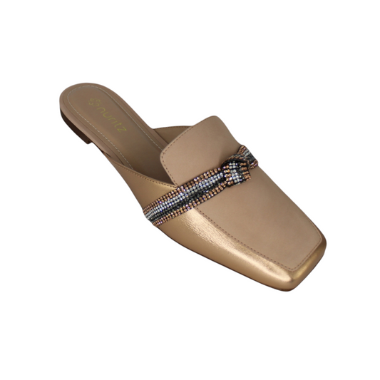 Gold & Beige Suede Slip-on Mule Crystal Strip