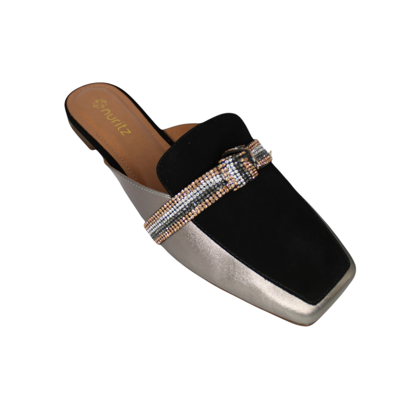 Silver & Black Suede Slip-on Mule Crystal Strip