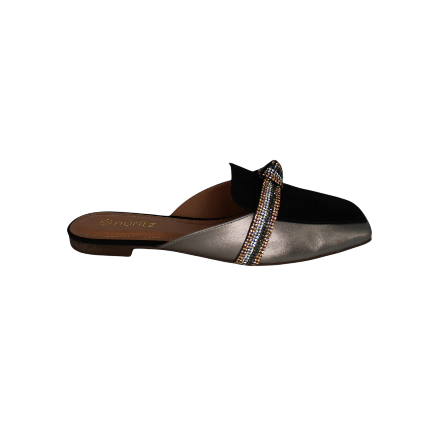 Silver & Black Suede Slip-on Mule Crystal Strip