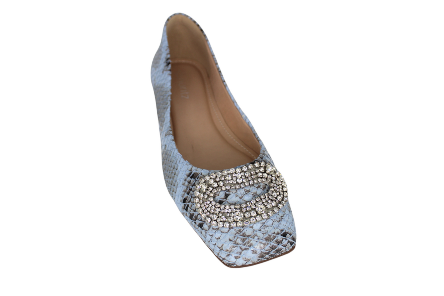 Light Blue & Black Snakeskin Leather Ballet Flat Rhinestone