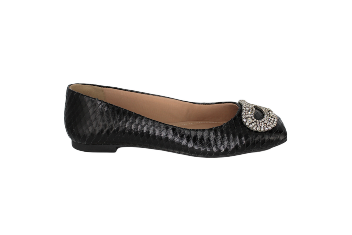 Black Snakeskin Leather Ballet Flat Rhinestone