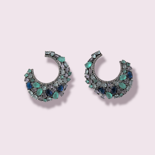 Green & Blue Zircon Decor Hoop Earrings