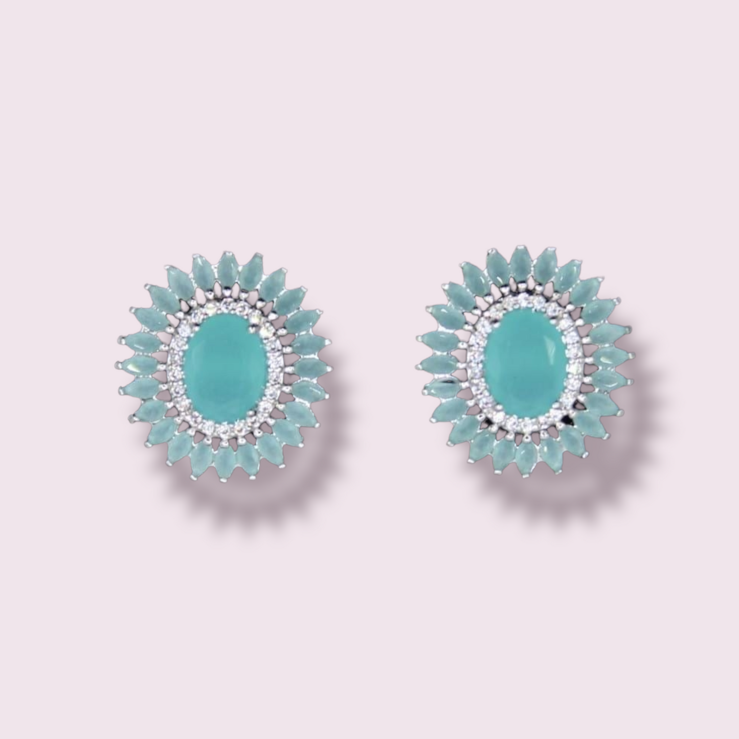 Oval Shape Framed Tiffany Blue Zirconia Earrings