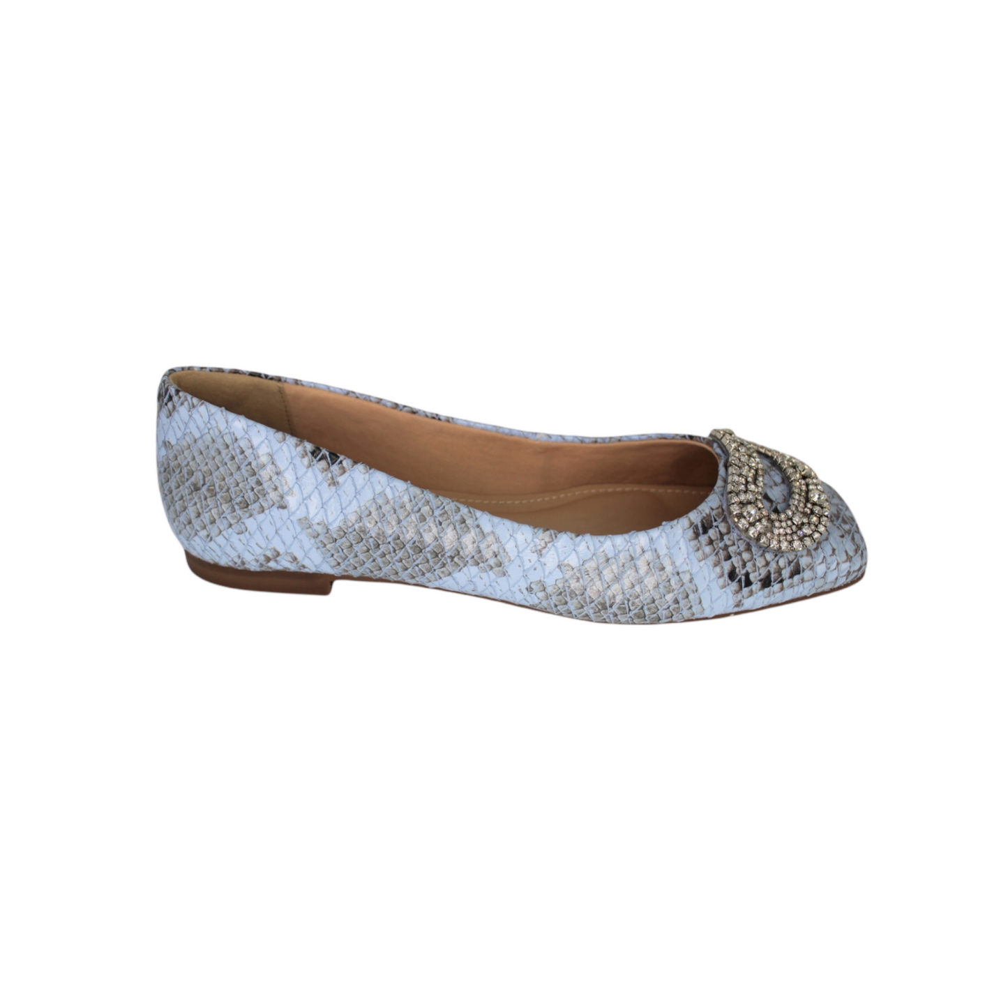 Light Blue & Black Snakeskin Leather Ballet Flat Rhinestone