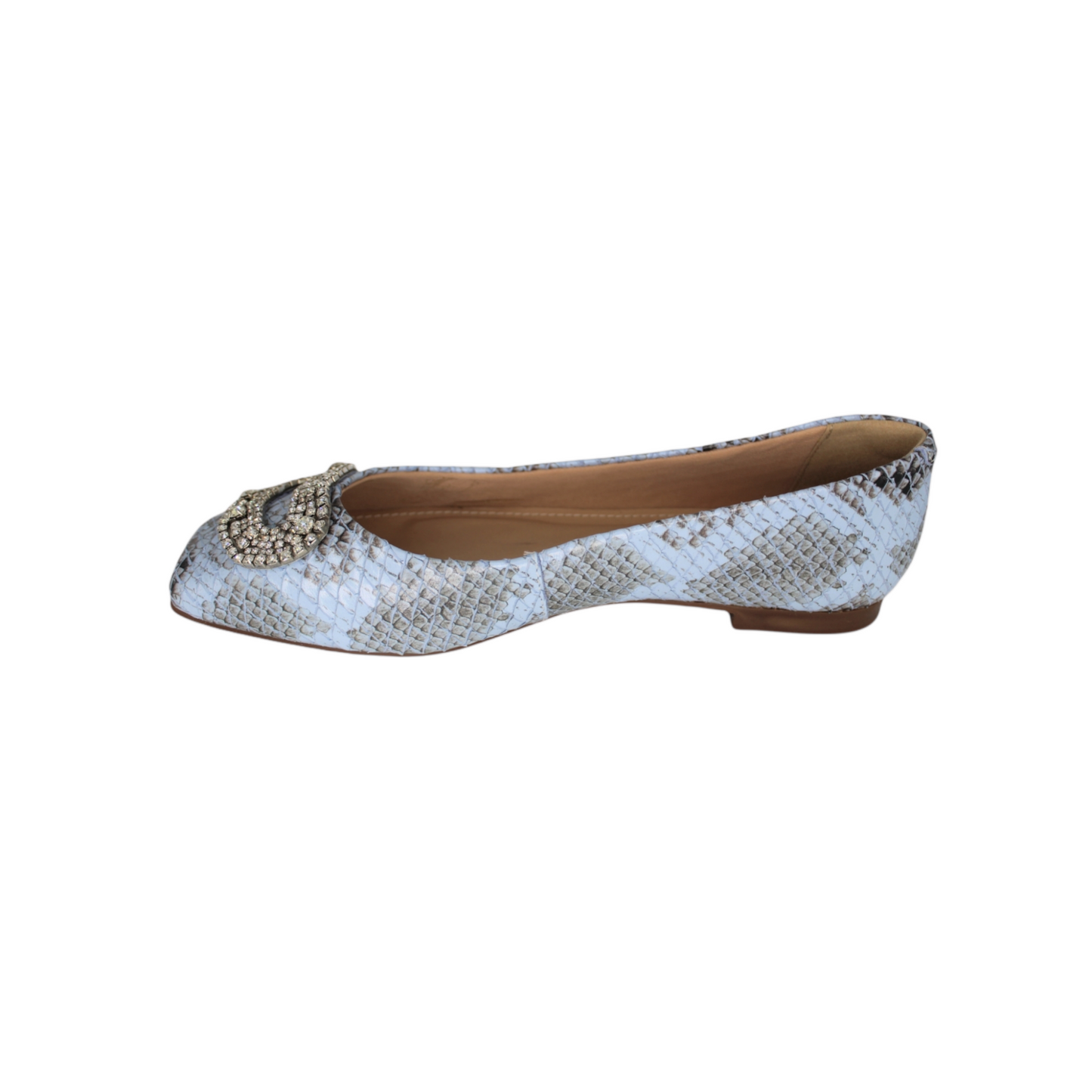 Light Blue & Black Snakeskin Leather Ballet Flat Rhinestone