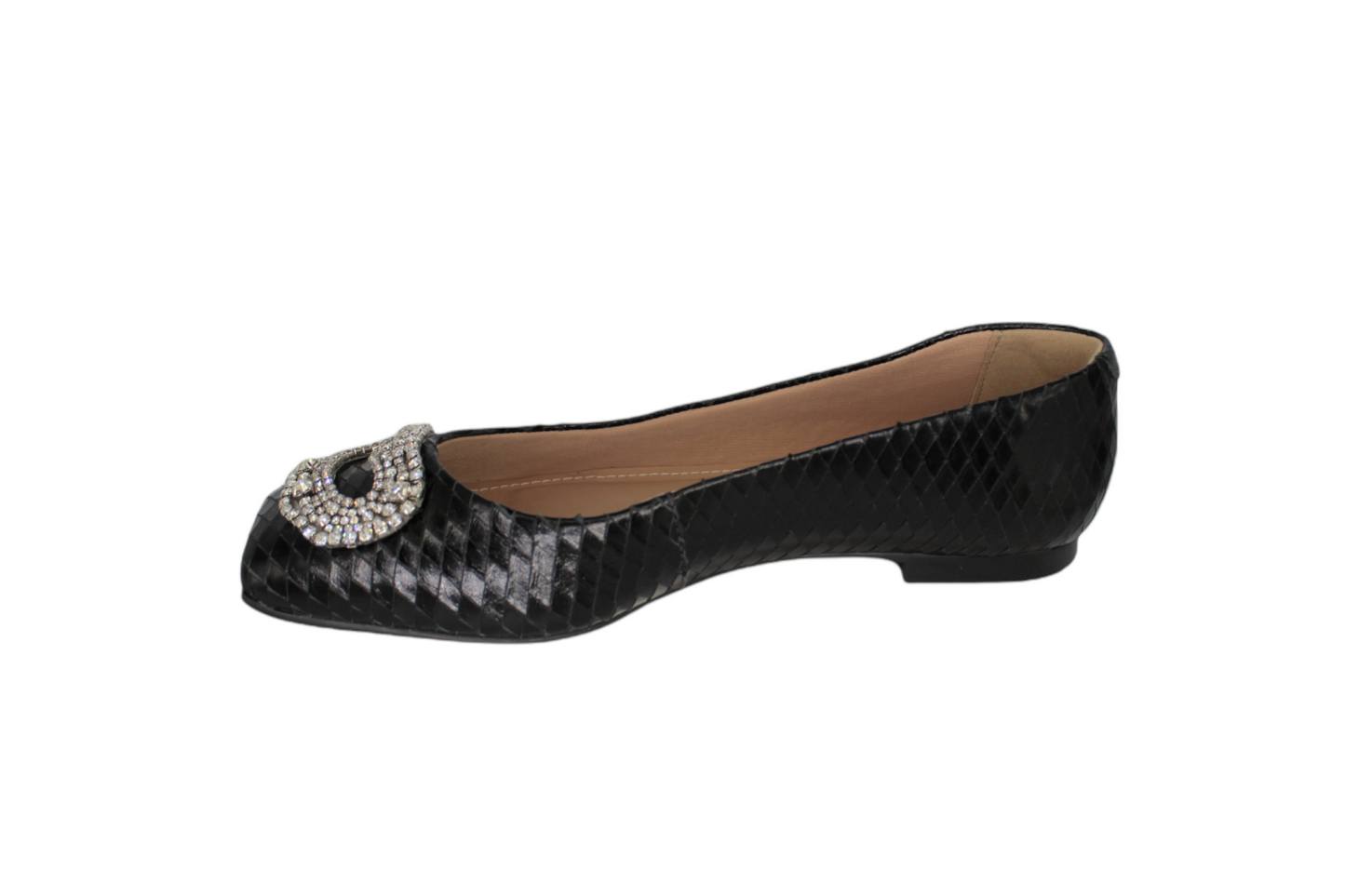 Black Snakeskin Leather Ballet Flat Rhinestone