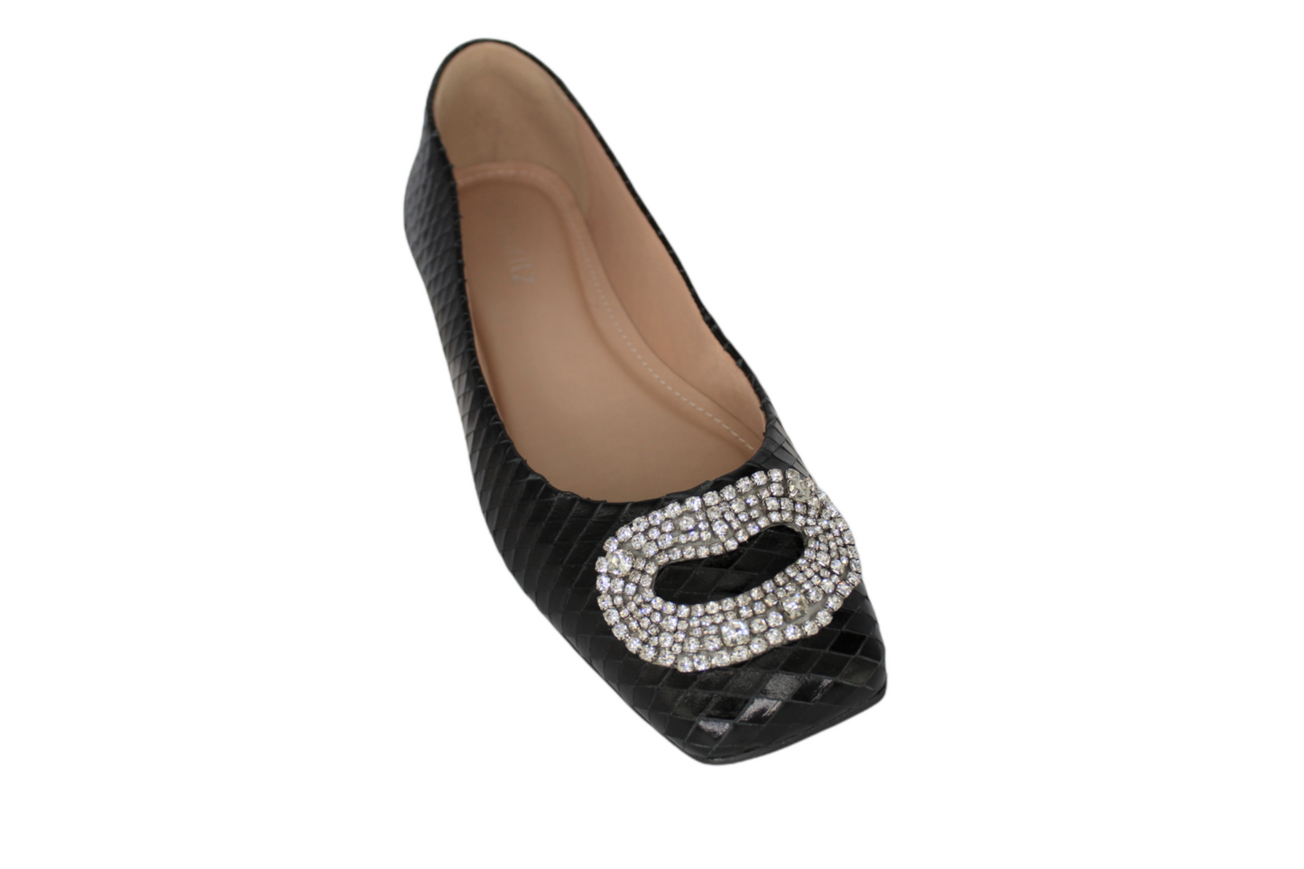 Black Snakeskin Leather Ballet Flat Rhinestone